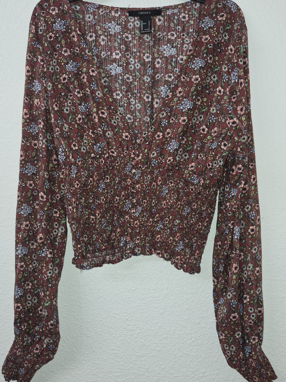 Forever 21 Dusty Rose Floral Smocked Peasant Blouse